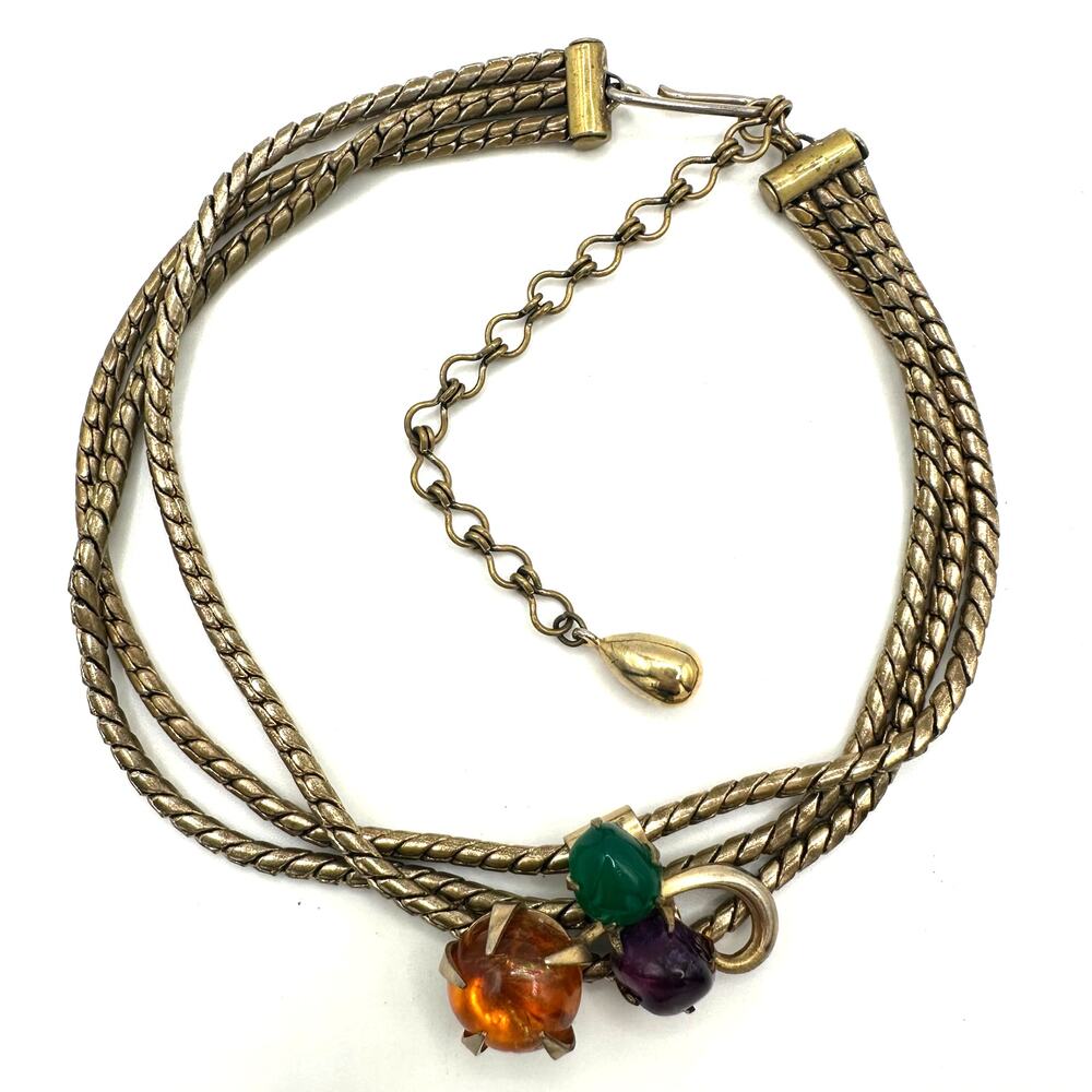 Vintage triple 3 strand gold tone chains multicolor art glass slider necklace